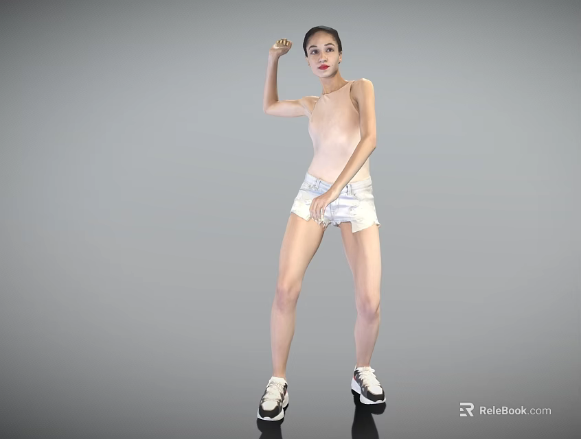 Woman Flexing Arm In Light Tank Top And White Shorts With Sneakers On Gray Background 3d model 