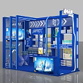 Blue Exhibition Booth Design With Display Shelves Digital Screens And Products