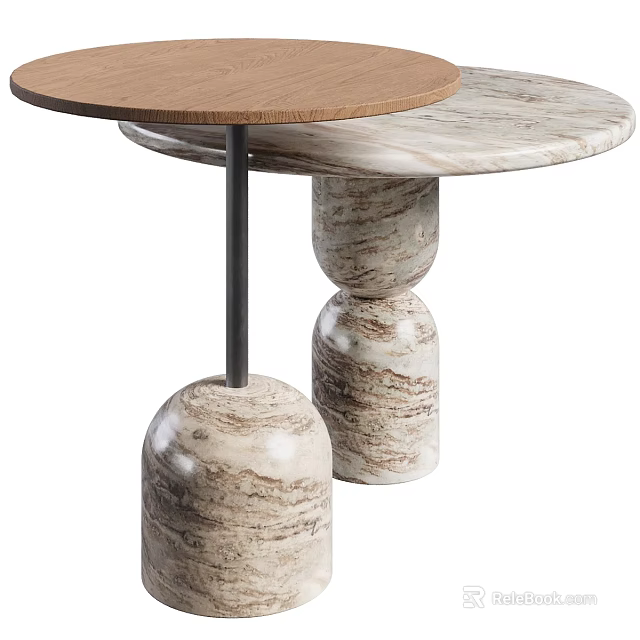 Modern Side Table With Round Wooden Top And Double Tiered Marble Base 3d model 