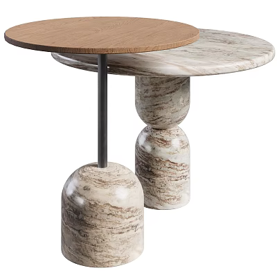 Modern Side Table With Round Wooden Top And Double Tiered Marble Base 3d model