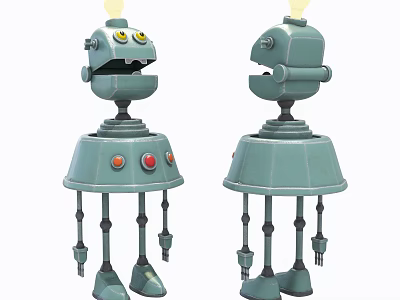 Green Smart Robot Design with Lightbulb Head Yellow Eyes and Slender Legs 3d model