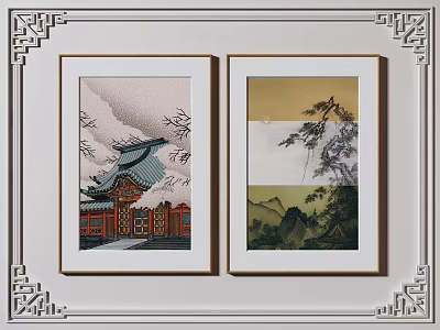 Two Framed Traditional Chinese Landscape Paintings With Architecture Mountain And Tree Scenery 3d model