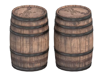 Vintage Wooden Barrels Pair With Metal Hoops And Carved Details 3d model