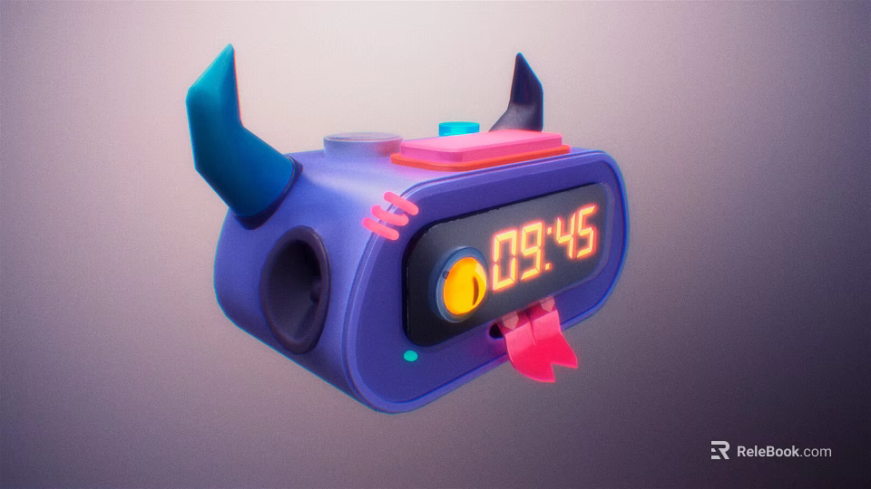 Purple Alarm Clock With Blue Horns Pink Details And Digital 3d model 