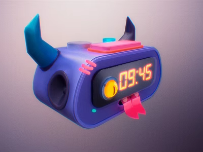 Purple Alarm Clock With Blue Horns Pink Details And Digital 3d model