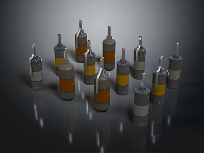 Multiple Cylindrical Weapon Components With Yellow Orange Gray Sections On Dark Surface 3d model