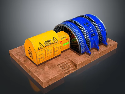 Yellow Danger Warning Box With Blue Industrial Drum Machinery Equipment 3d model