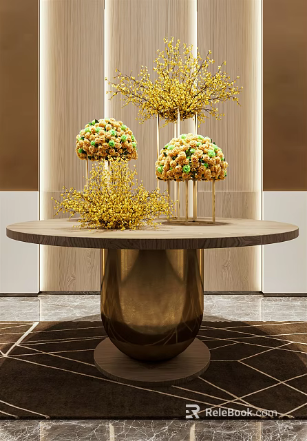 Modern Elegant Golden Floral Balls In Vases On Round Wooden Table Interior 3d model 