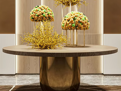 Modern Elegant Golden Floral Balls In Vases On Round Wooden Table Interior 3d model