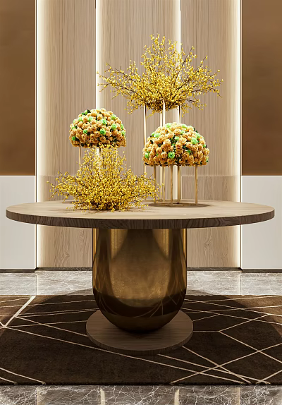 Modern Elegant Golden Floral Balls In Vases On Round Wooden Table Interior 3d model