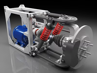 Mechanical Assembly With Metal Frame Blue Motor Red Springs And Black Components 3d model