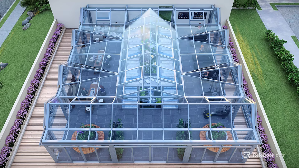 Glass Greenhouse Style Restaurant With Transparent Roof Dining Area And Indoor Plants 3d model 