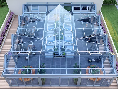 Glass Greenhouse Style Restaurant With Transparent Roof Dining Area And Indoor Plants 3d model