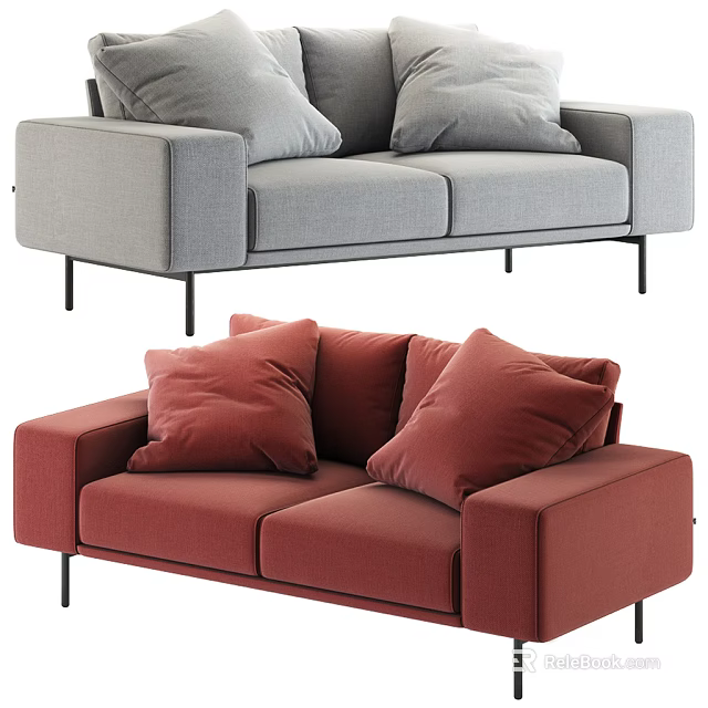 Gray And Red Two Seater Sofa With Modern Design And Decorative Pillows 3d model