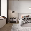Modern Bedroom Interior With Checkered Quilt Pillows Bedside Table Vase Plants Strip Light Mirror