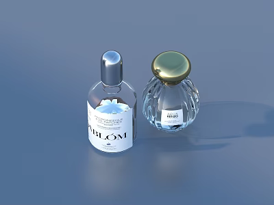 Stylish Transparent Perfume Bottles With Silver Gold Caps And BLOM NOVA Labels 3d model