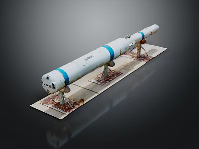 Military Weapon Missile Model With White Body Blue Stripes On Display Stand 3d model