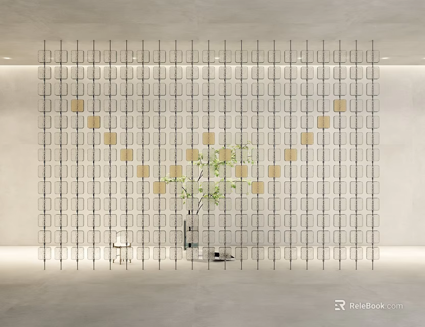 Modern Grid Room Divider With Golden Square Accents And Green Plant In Interior Space 3d model 