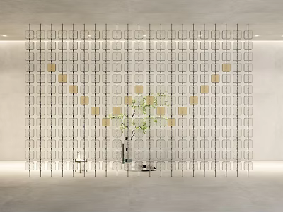 Modern Grid Room Divider With Golden Square Accents And Green Plant In Interior Space 3d model