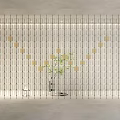 Modern Grid Room Divider With Golden Square Accents And Green Plant In Interior Space