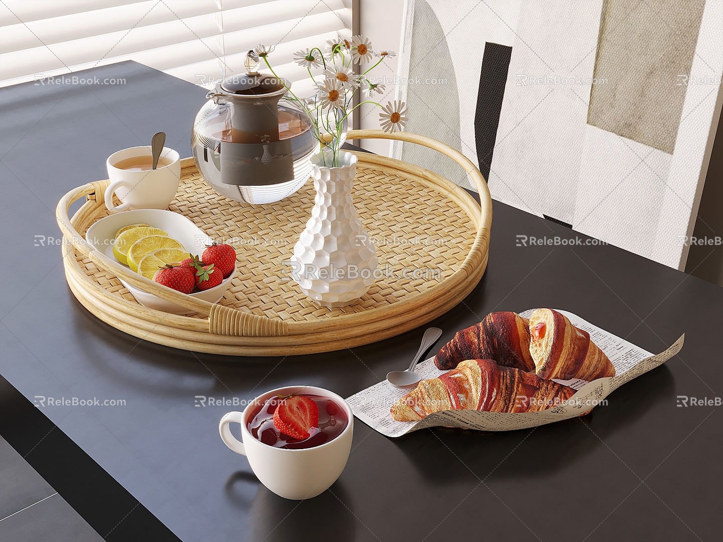 Teapot Tea Cup Coffee Cup Rattan Tray Vase Flora Fruit Bread Croissant 3d model