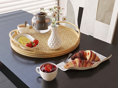 Teapot Tea Cup Coffee Cup Rattan Tray Vase Flora Fruit Bread Croissant 3d model