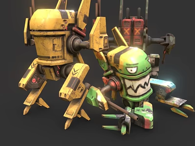 Large Yellow Mechanical Creature And Small Green Robot Character With Weapon Antennas And Toothy Grin 3d model