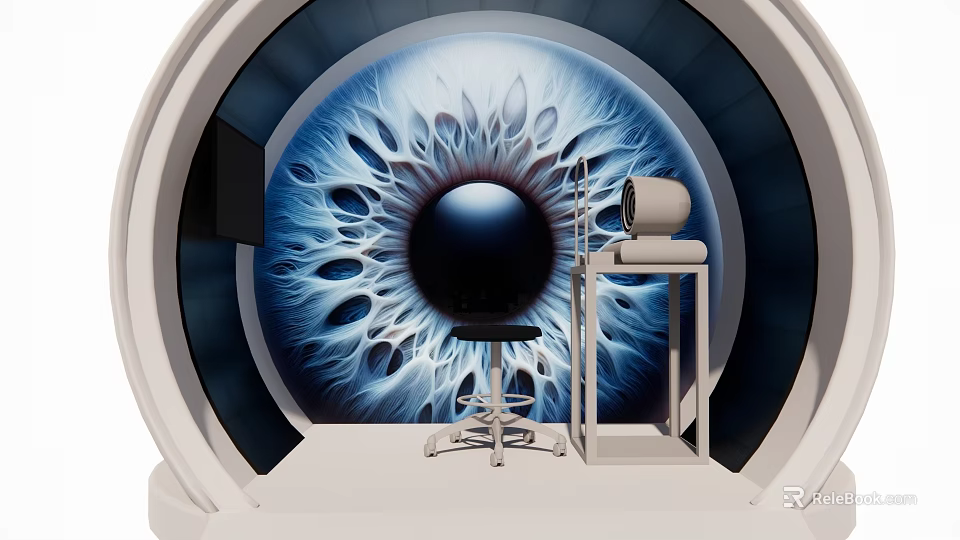 Round E-commerce Booth With Blue Eye Pattern Background Stool And Equipment Table 3d model