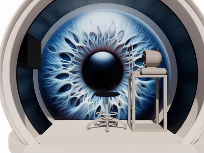 Round E-commerce Booth With Blue Eye Pattern Background Stool And Equipment Table 3d model