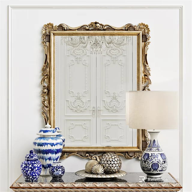 Ornate Gold Framed Mirror On White Wall With Blue White Vases Decor And Table Lamp 3d model 