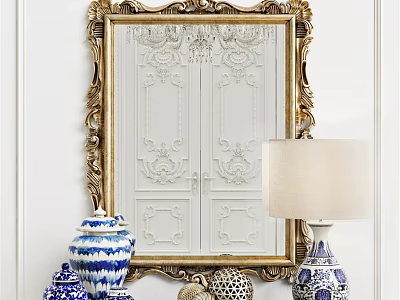 Ornate Gold Framed Mirror On White Wall With Blue White Vases Decor And Table Lamp 3d model