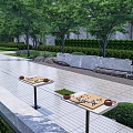 Modern Garden Wall Design With Trees Hedges Stone Pavement And Chess Tables 3d model