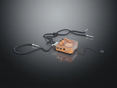Orange Portable Audio Device With Headphone Jacks And Connected Cables On Dark Reflective Surface 3d model