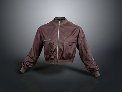 Burgundy Cropped Jacket With Zipper Pockets And Embroidery Details For Casual Style 3d model