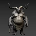 Game Movie Character With Large Horns Muscular Build Bulging Belly Gray Skin And Leather Skirt