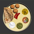 Traditional Indian Thali Food Platter With Naan Bread Fried Snacks Chutney Raita And Curry