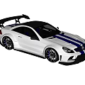 White Sporty Car With Blue Racing Stripes Black Roof And Large Rear Spoiler