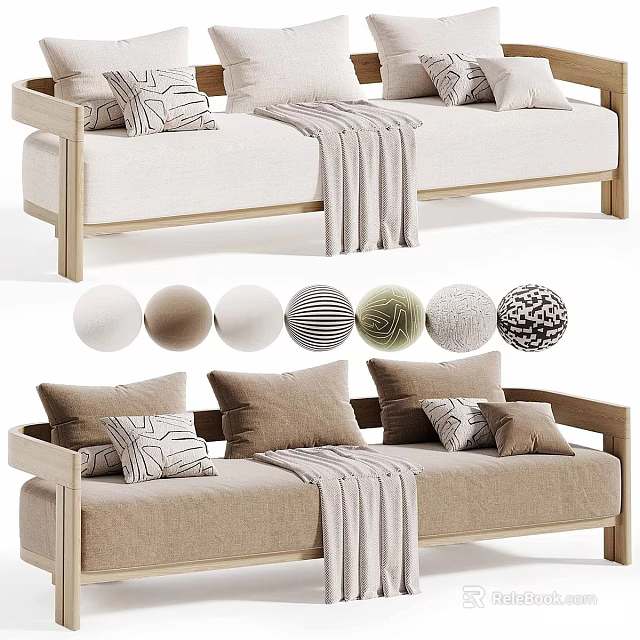 Two Seater Sofa with Wooden Frame Beige Fabric Striped Throw Pillows and Cozy Blanket 3d model 