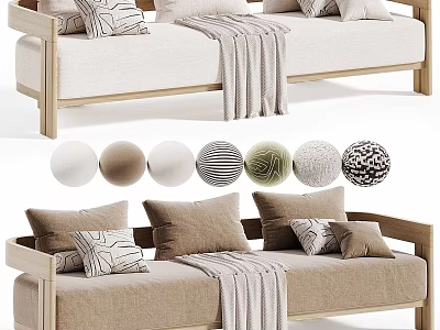Two Seater Sofa with Wooden Frame Beige Fabric Striped Throw Pillows and Cozy Blanket 3d model