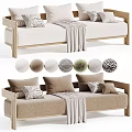 Two Seater Sofa with Wooden Frame Beige Fabric Striped Throw Pillows and Cozy Blanket
