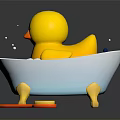 Yellow Rubber Duck Doll in White Bathtub with Blue Water Bubbles and Red Brush