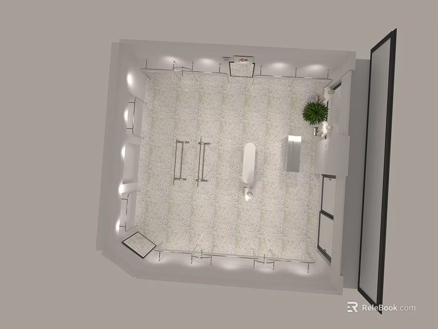 Modern Clothing Store Interior With Clothing Racks Fitting Rooms And Potted Plant 3d model 