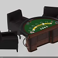 Casino Style Entertainment Table With Green Felt Surface Playing Cards Chips And Black Leather Chairs