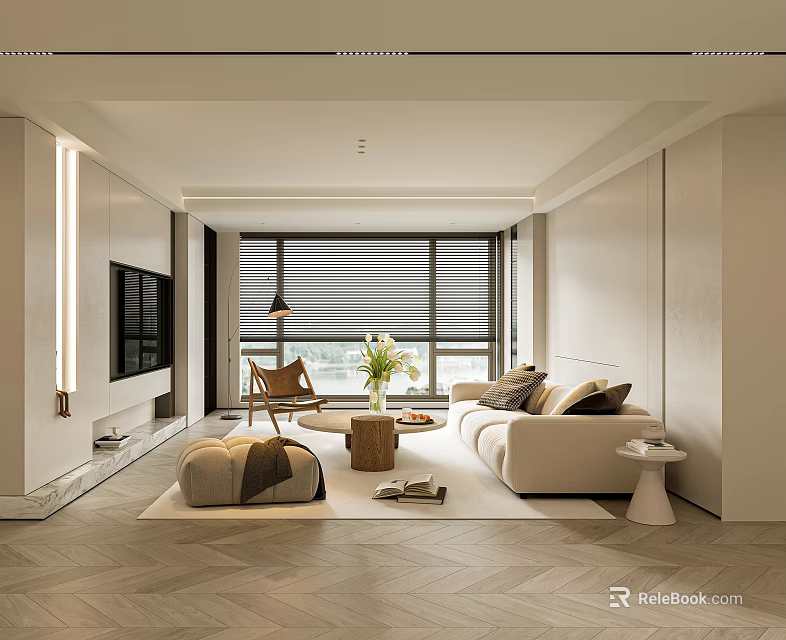 Modern Minimalist Living Room With Beige Sofa Throw Pillows Wooden Coffee Table And Herringbone Floor 3d model 
