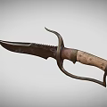 Rustic Serrated Blade Knife Featuring Wooden Handle And Curved Metal Hand Guard