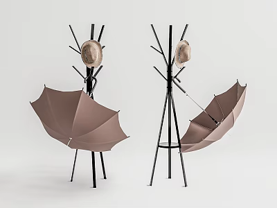 Modern Minimalist Coat Rack With Brown Hat And Umbrella On Black Metal Frame 3d model