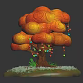 Colorful Cartoon Scene With Cloud Like Tree Orange Yellow Canopy Green Grass And Small Flowers