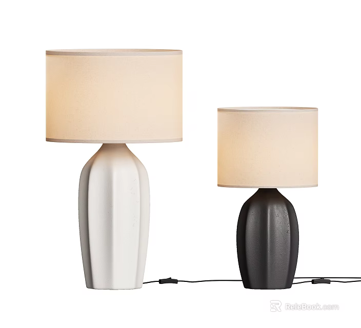 Modern White and Black Table Lamps with Octagonal Bodies and Beige Fabric Shades 3d model 