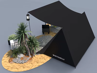 Black Whistler Shells Tent With Plants Lantern Grill And Gravel Wooden Floor 3d model