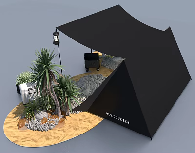 Black Whistler Shells Tent With Plants Lantern Grill And Gravel Wooden Floor 3d model